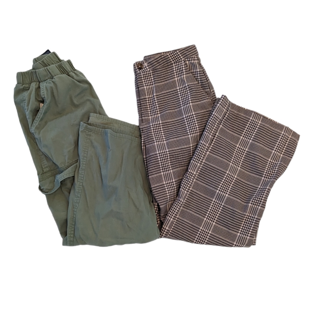 H&M Girls Pants Bundle Brown Plaid and Green Cargo Wide Leg Size 12